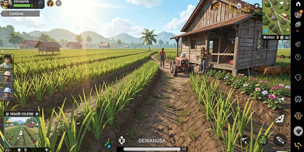 Tampilan gameplay DEWANUSA dengan berbagai aktivitas pertanian yang menyenangkan.