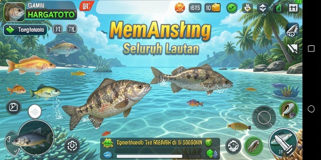 Tampilan gameplay HARGATOTO yang menawan saat memancing di laut.