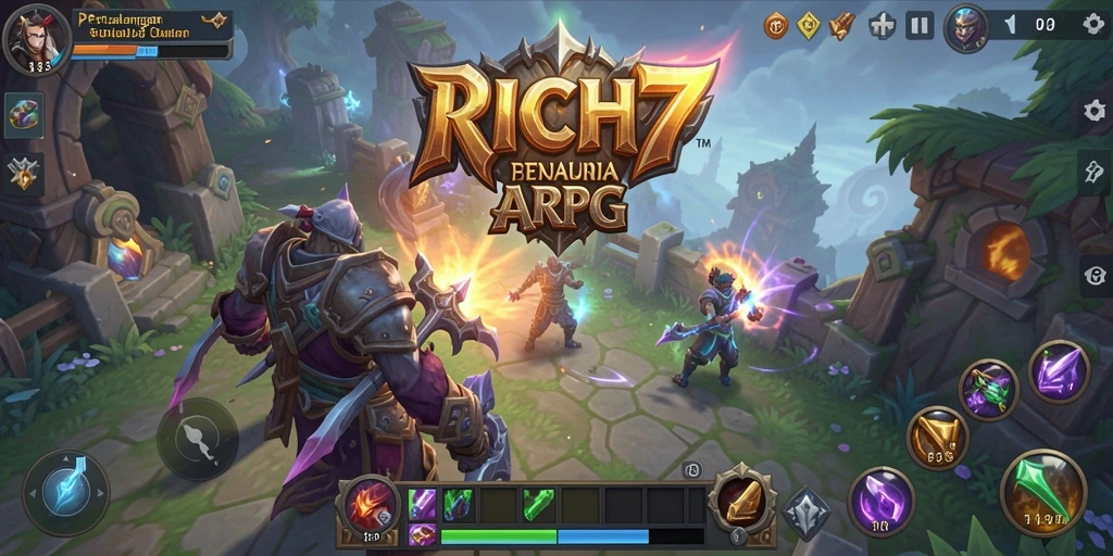 Screenshot gameplay RICH7 menampilkan pertarungan epik di dunia ARPG.