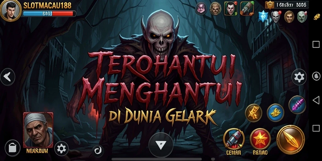 Tampilan gameplay SLOTMACAU188 dengan suasana menyeramkan.