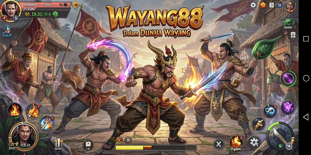 Tampilan pertarungan karakter wayang yang menegangkan dalam WAYANG88.